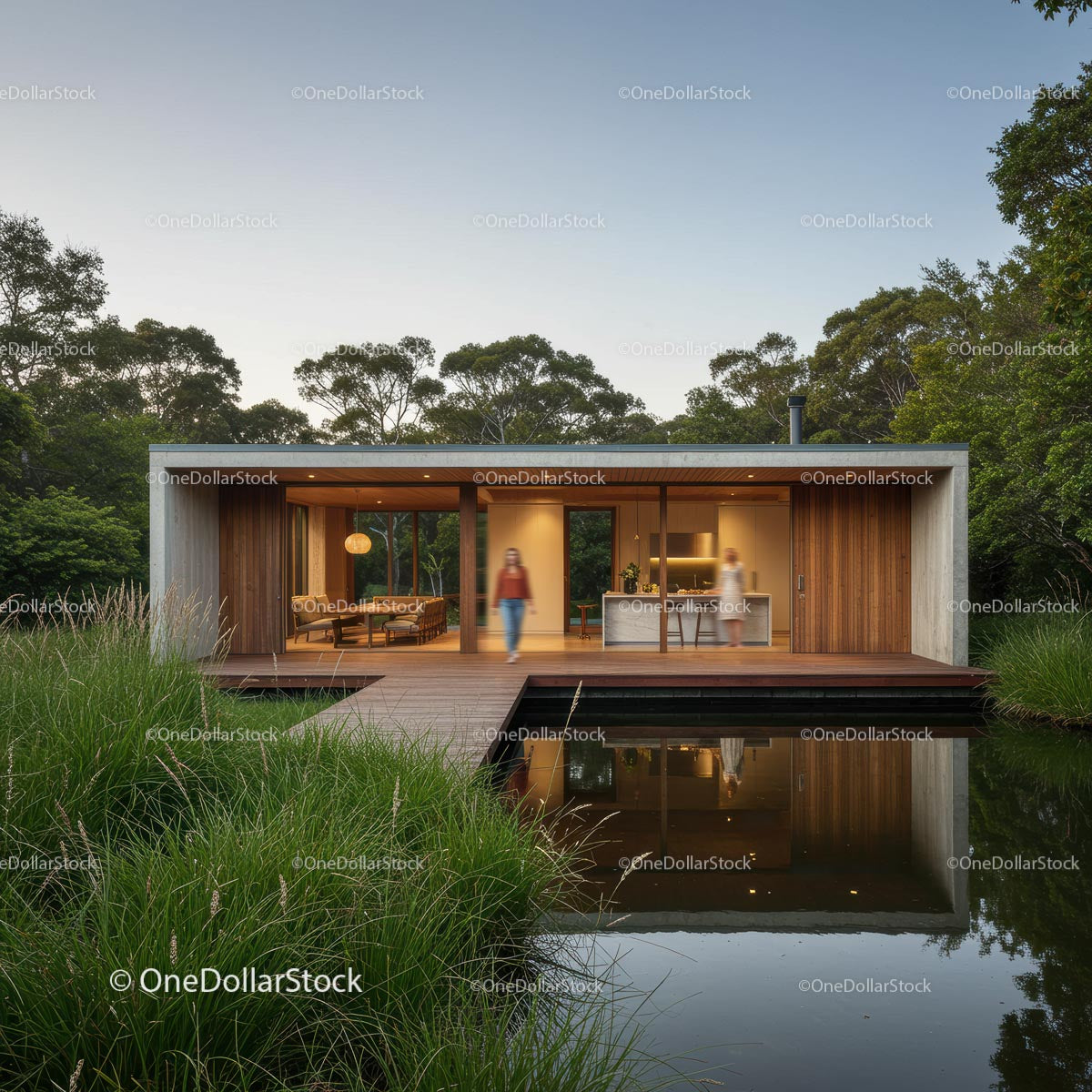 Modern Lakeside House with Wooden Facade and Large Windows