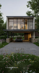 Modern Glass House with Vintage Car and Lush Garden