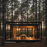 Modern Glass Cabin in Serene Forest at Sunset