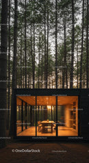 Modern Glass Cabin Amid Tall Pine Trees at Sunset