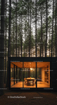 Modern Glass Cabin Amid Tall Pine Trees at Sunset