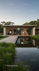 Modern House with Wooden Deck and Garden Reflection