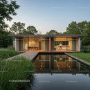 Modern Glass House with Reflecting Pond at Sunset