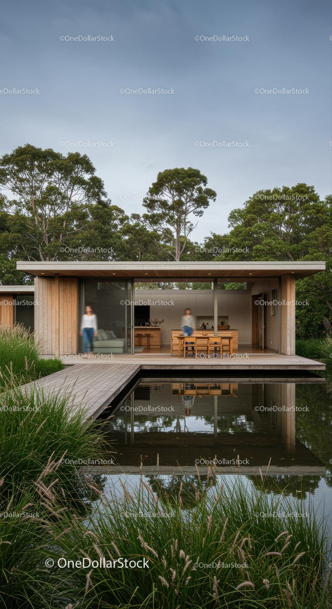 Modern Wooden House with Reflective Water View