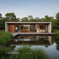 Modern Glass House with Reflective Pond in Wooded Area