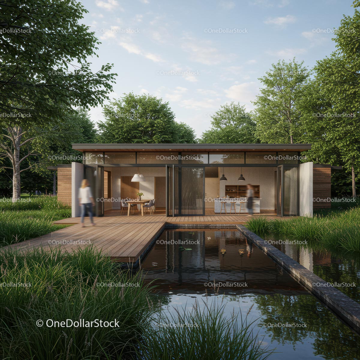 Modern Glass House Amidst Lush Greenery and Reflective Pool