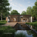 Modern Glass House Amidst Lush Greenery and Reflective Pool