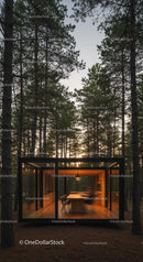Modern Glass Cabin Amidst Pine Forest Serenity