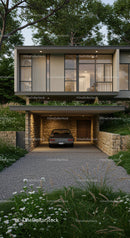 Modern Villa with Stone Facade and Green Landscape
