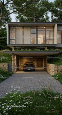 Modern Villa with Stone Facade and Green Landscape