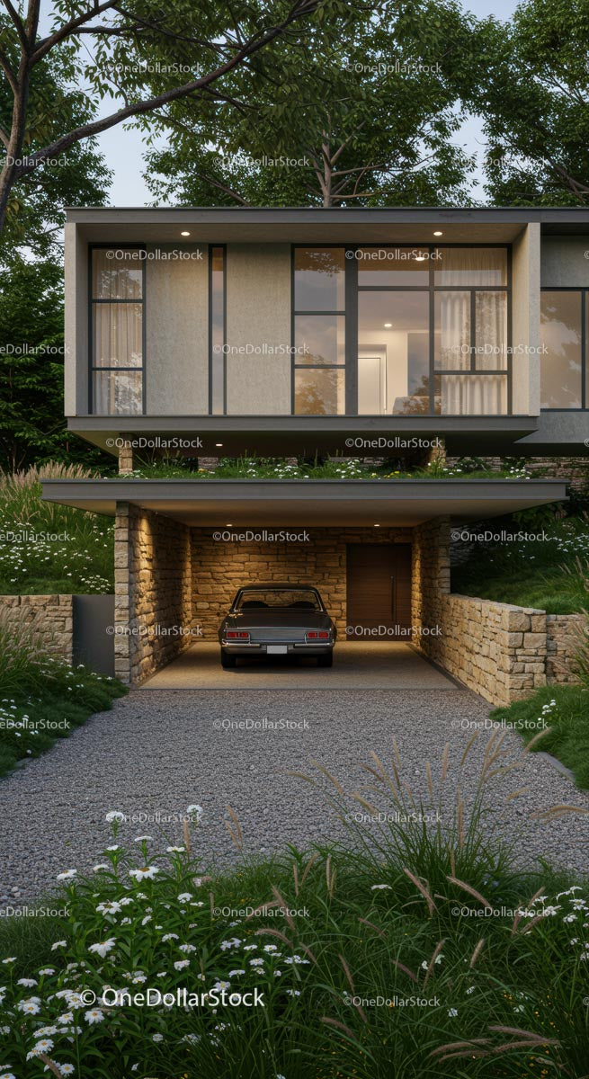 Modern Villa with Stone Facade and Green Landscape