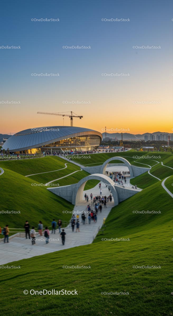 Futuristic Building and Lush Urban Park at Sunset
