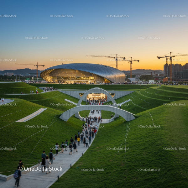 Futurystyczna architektura kopuły o zachodzie słońca z bujną zielenią