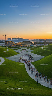 Futuristic Urban Architecture with Lush Green Hills at Sunset
