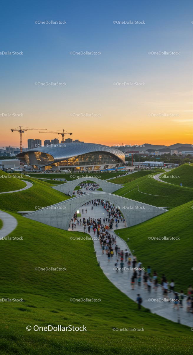 Futuristic Urban Architecture with Lush Green Hills at Sunset