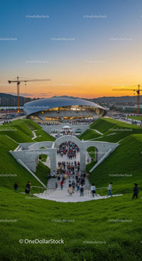 Modern Architectural Marvel at Sunset with Crowds