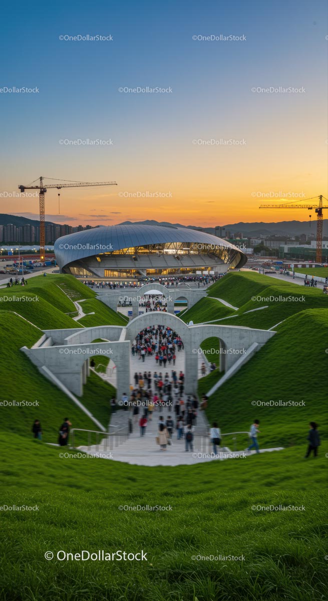Modern Architectural Marvel at Sunset with Crowds