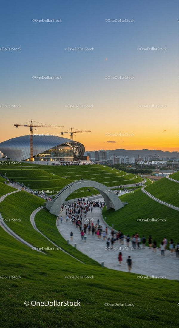 Nowoczesny Zielony Park Miejski z Futurystyczną Architekturą o Zachodzie Słońca