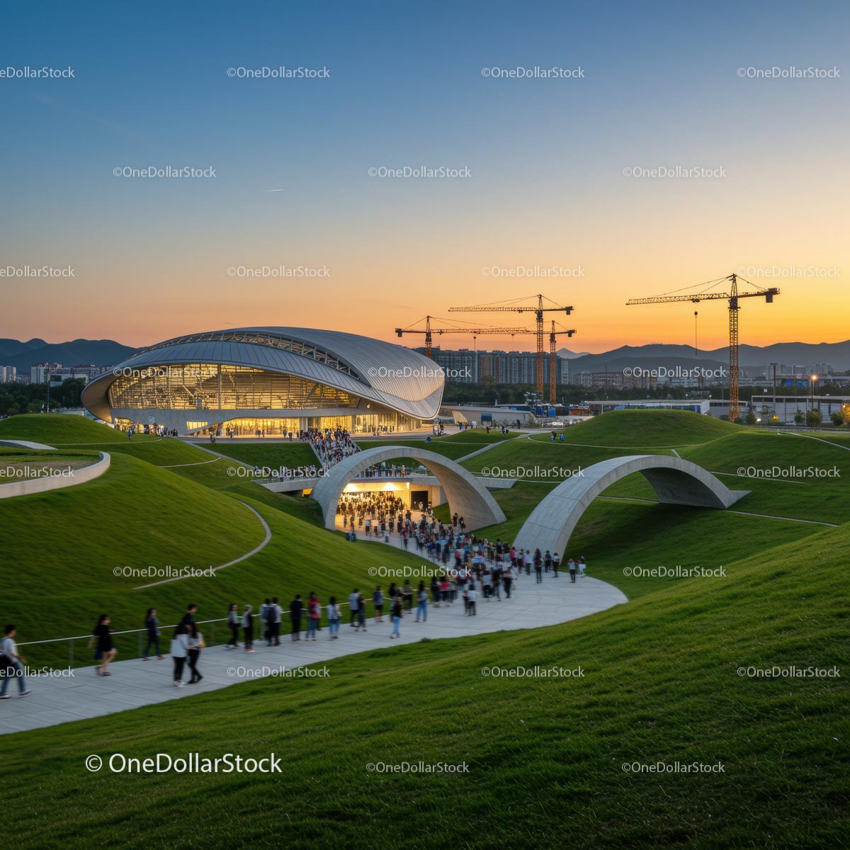 Modern Cultural Center with Futuristic Architecture at Sunset
