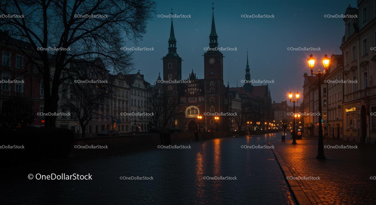 Historic Cathedral and Street Lights at Dusk