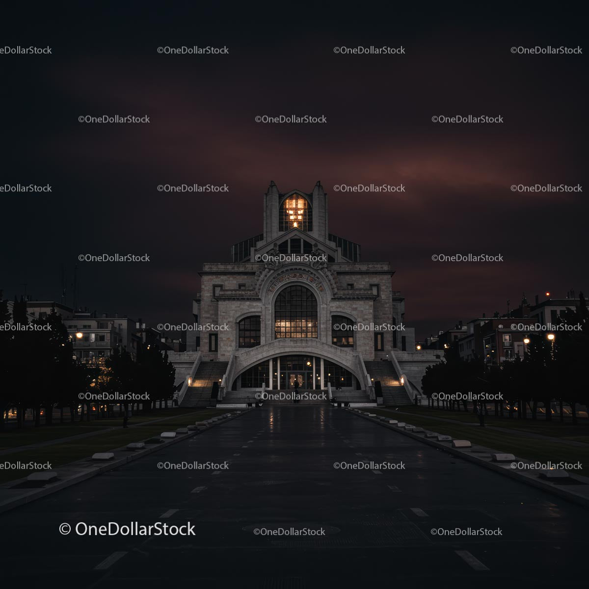 Illuminated Modern Cathedral at Night