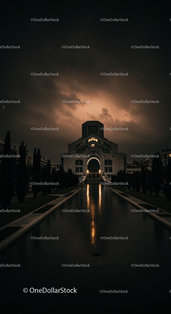 Illuminated Urban Architecture Under Dramatic Night Sky