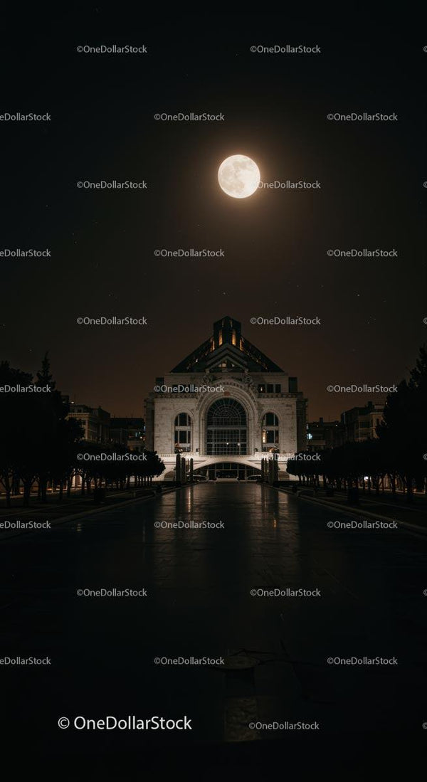 Wspaniały budynek pod pełnią księżyca na nocnym niebie