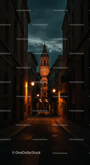 Historic Clock Tower on a Moody Evening Street