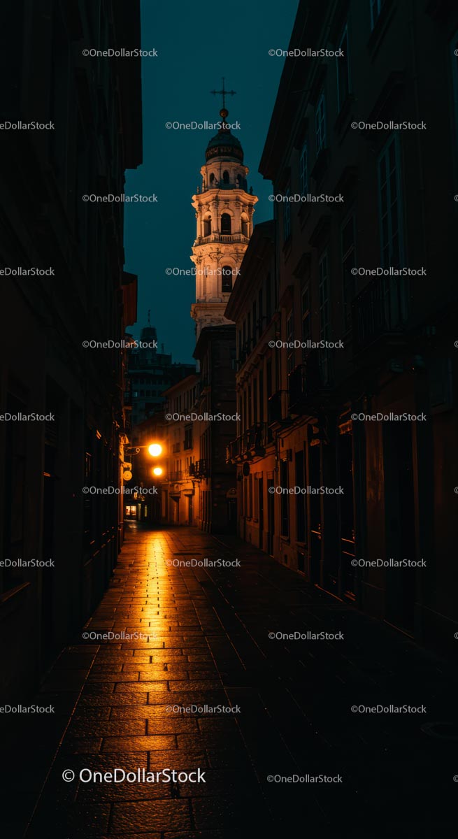 Quiet Urban Alley with Illuminated Tower at Dusk