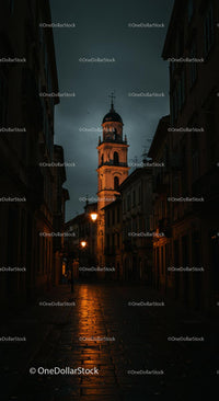 Majestic Church Tower at Dusk in a Quaint European Street