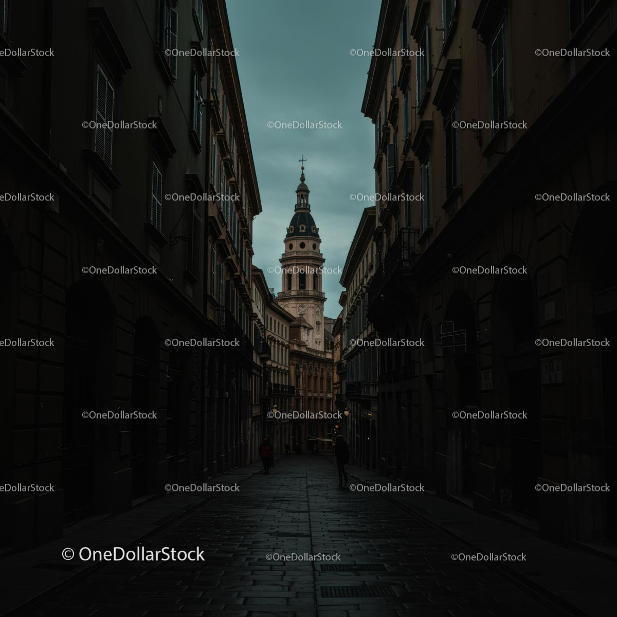 Historic European City Street at Dusk with Tower View