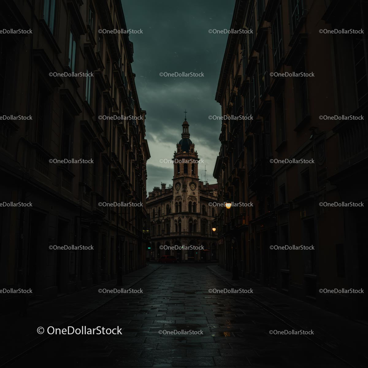 Historic European Street with Dramatic Sky