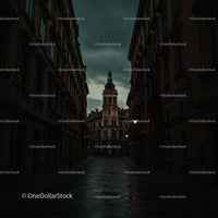 Historic European Street with Dramatic Sky