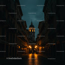 Illuminated Cobblestone Street at Night in Historic City