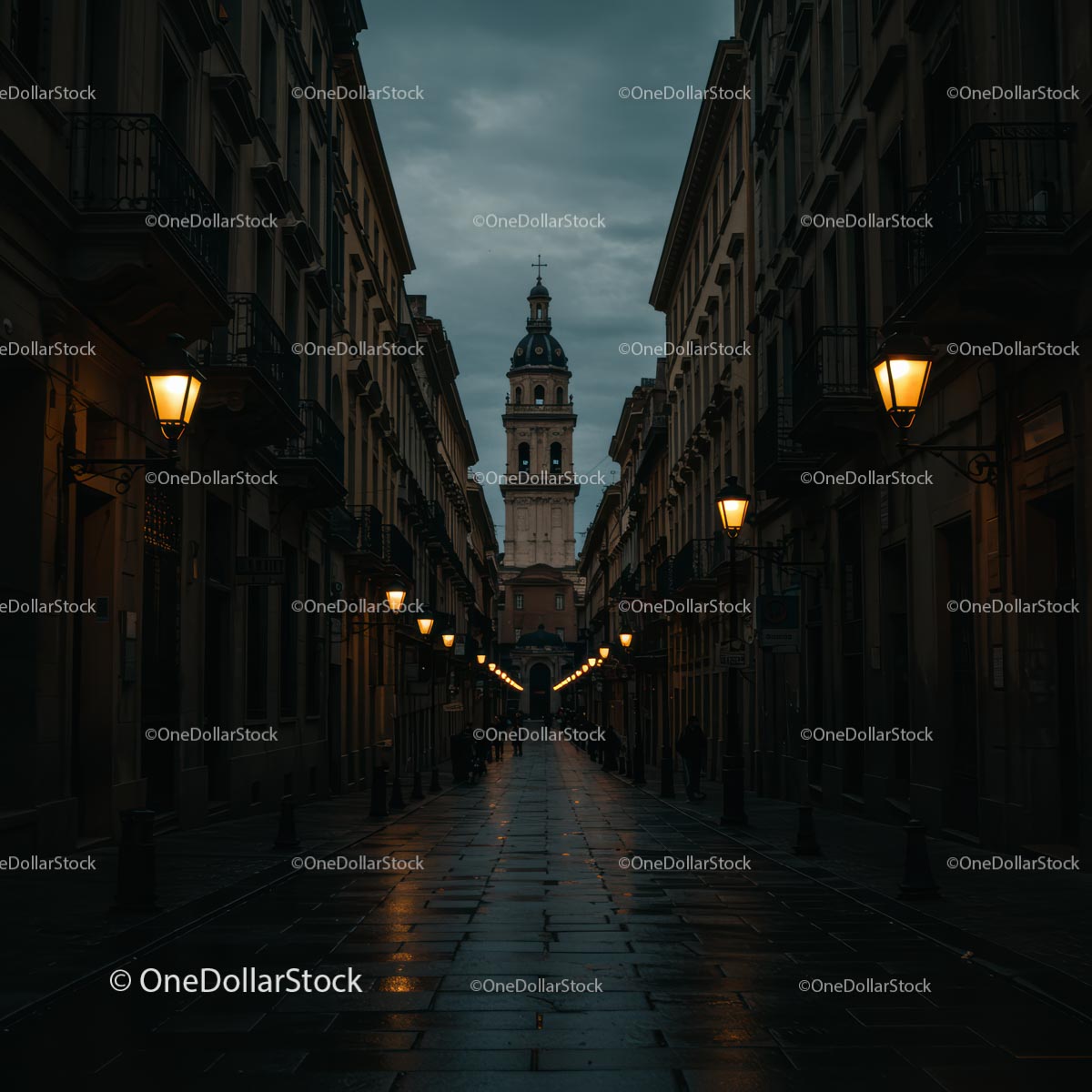 Twilight Street View with Cathedral Tower