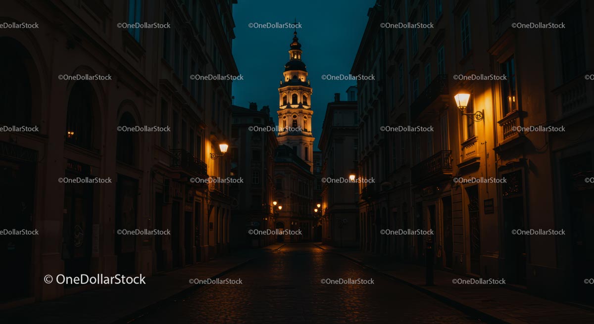 Oświetlona brukowana ulica z zabytkową wieżą miejską