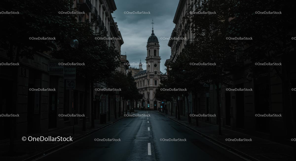 Quiet Urban Street with Historic Architecture at Dusk