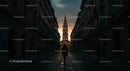 Silhouette of Person Walking Towards Sunset-Lit Historic Church