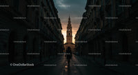 Silhouette of Person Walking Towards Sunset-Lit Historic Church