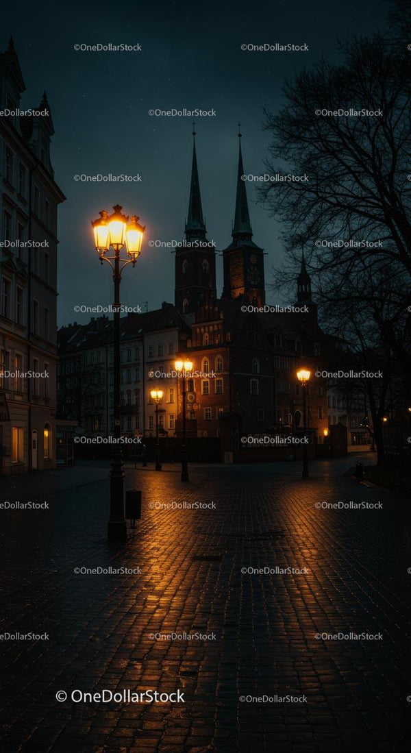 Oświetlony Zabytkowy Rynek Miejski w Nocy