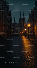 Charming European Street at Dusk with Illuminated Cathedral