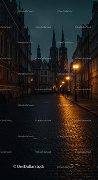 Charming European Street at Dusk with Illuminated Cathedral