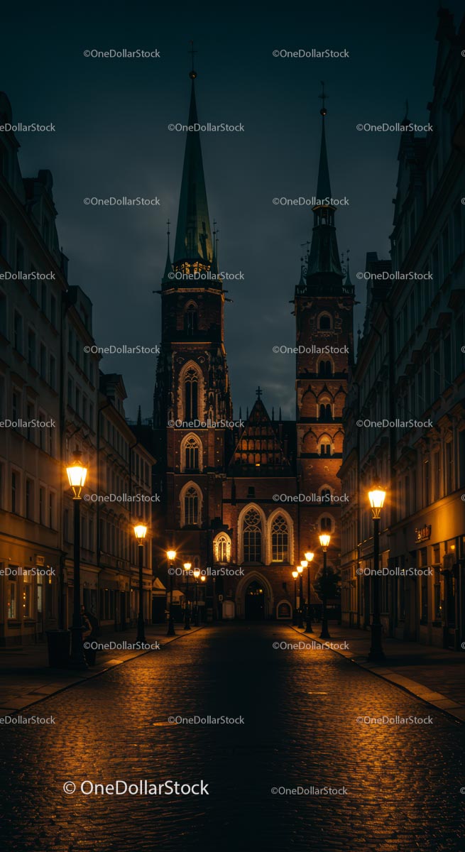 Gothic Cathedral Illuminated at Night in the City Center