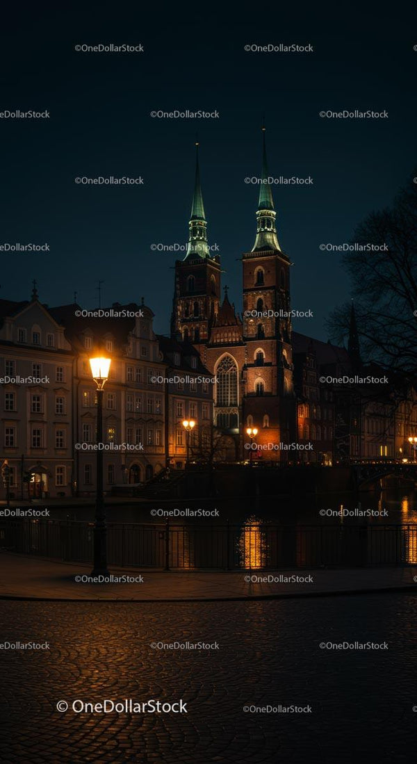 Oświetlone Wieże Katedry Wrocławskiej Nocą