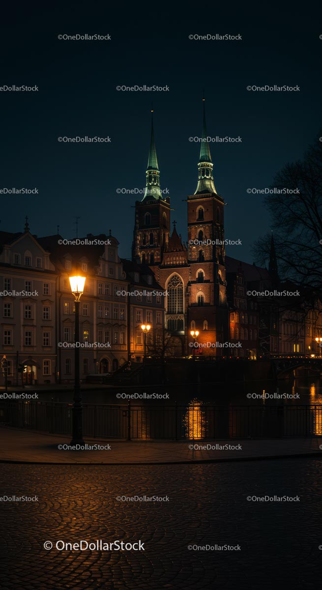 Wroclaw Cathedral Towers Illuminated at Night