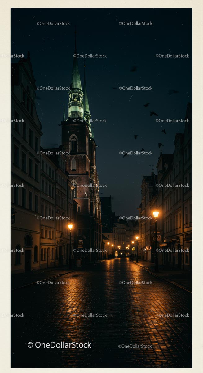 Illuminated Church Tower on Cobblestone Street at Night