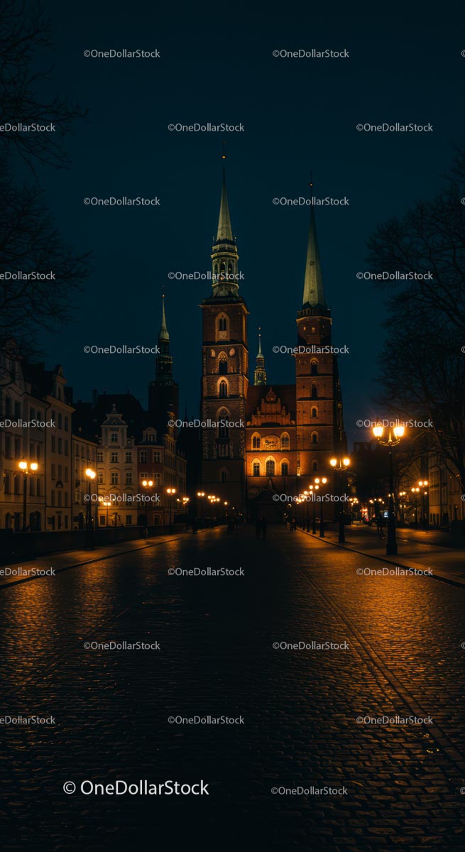 Illuminated Cathedral at Night with Cobblestone Street
