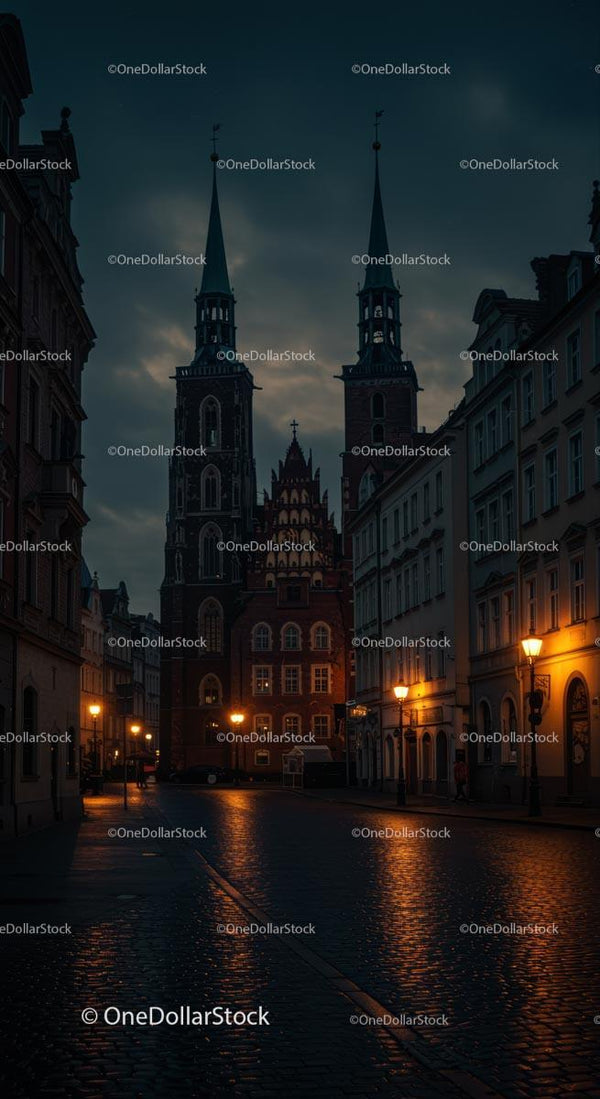 Gotyckie Wieże Oświetlone w Cichej Wieczornej Scenerii