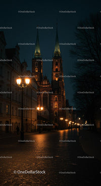 Illuminated Gothic Cathedral at Night with Street Lights
