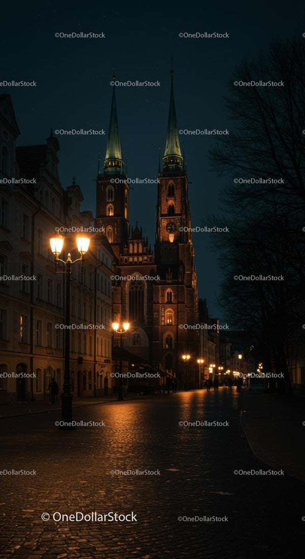 Oświetlona gotycka katedra nocą z lampami ulicznymi